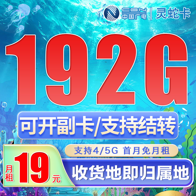广电灵蛇卡19元192G通用流量（流量支持结转）+可选号