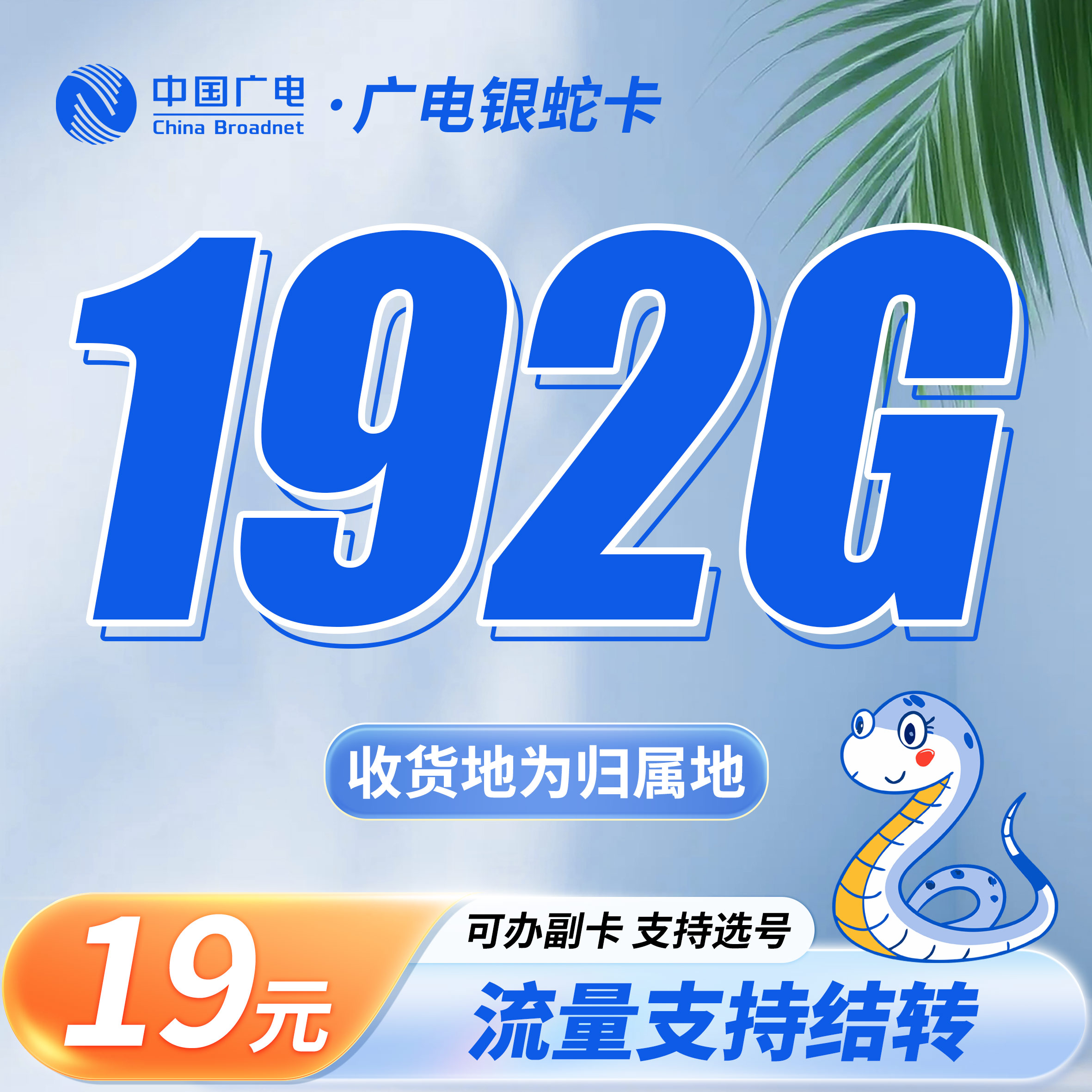 广电银蛇卡19元192G通用流量（流量支持结转）+可选号
